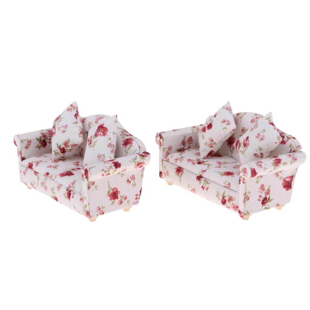 2 Set 1/12 Flower Double Sofa Cushions Couch Dollhouse Miniature Furniture