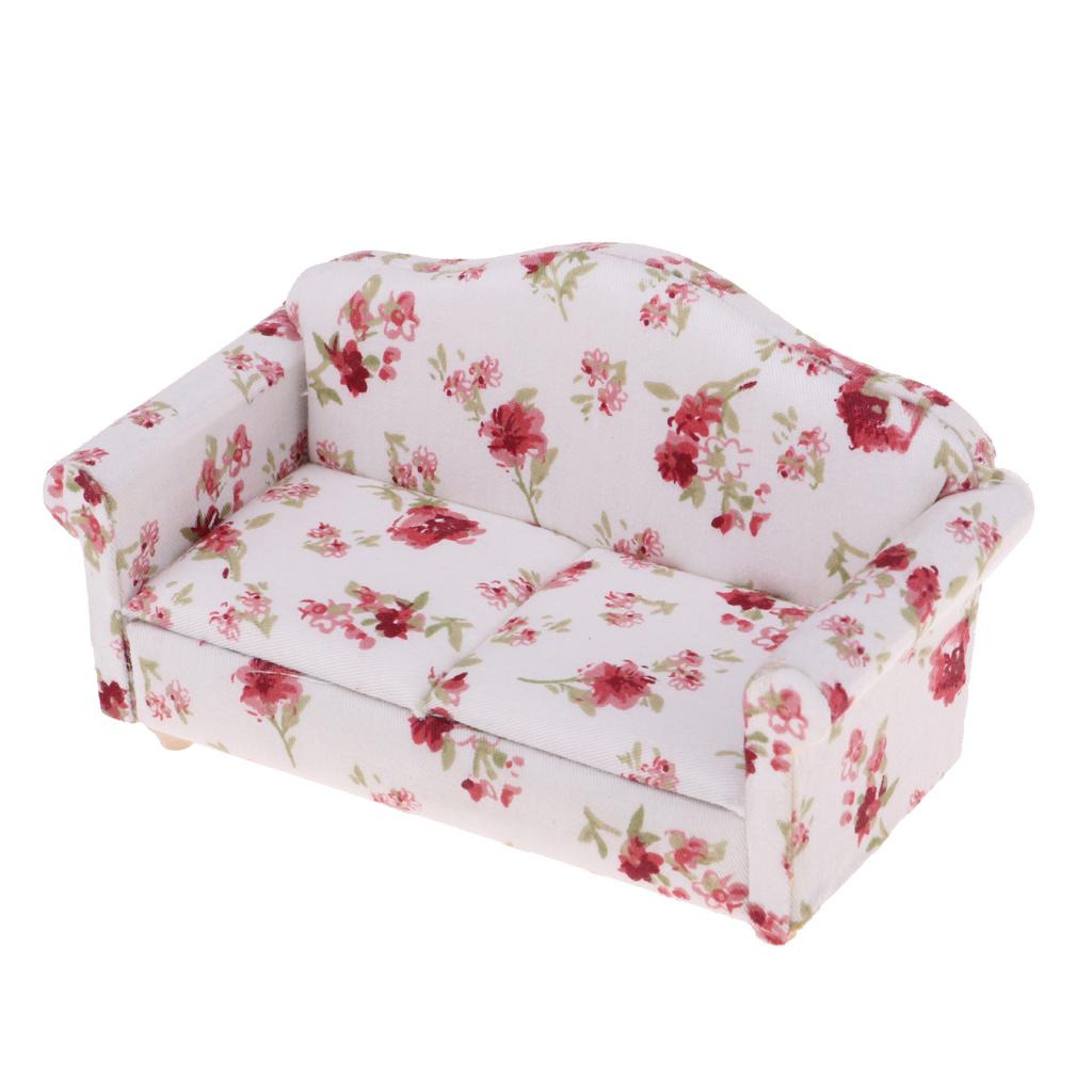 2 Set 1/12 Flower Double Sofa Cushions Couch Dollhouse Miniature Furniture