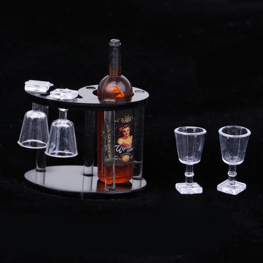 1/12 Dollhouse Miniature Champagne Bottle Wine Rack Four Glass Cups Red