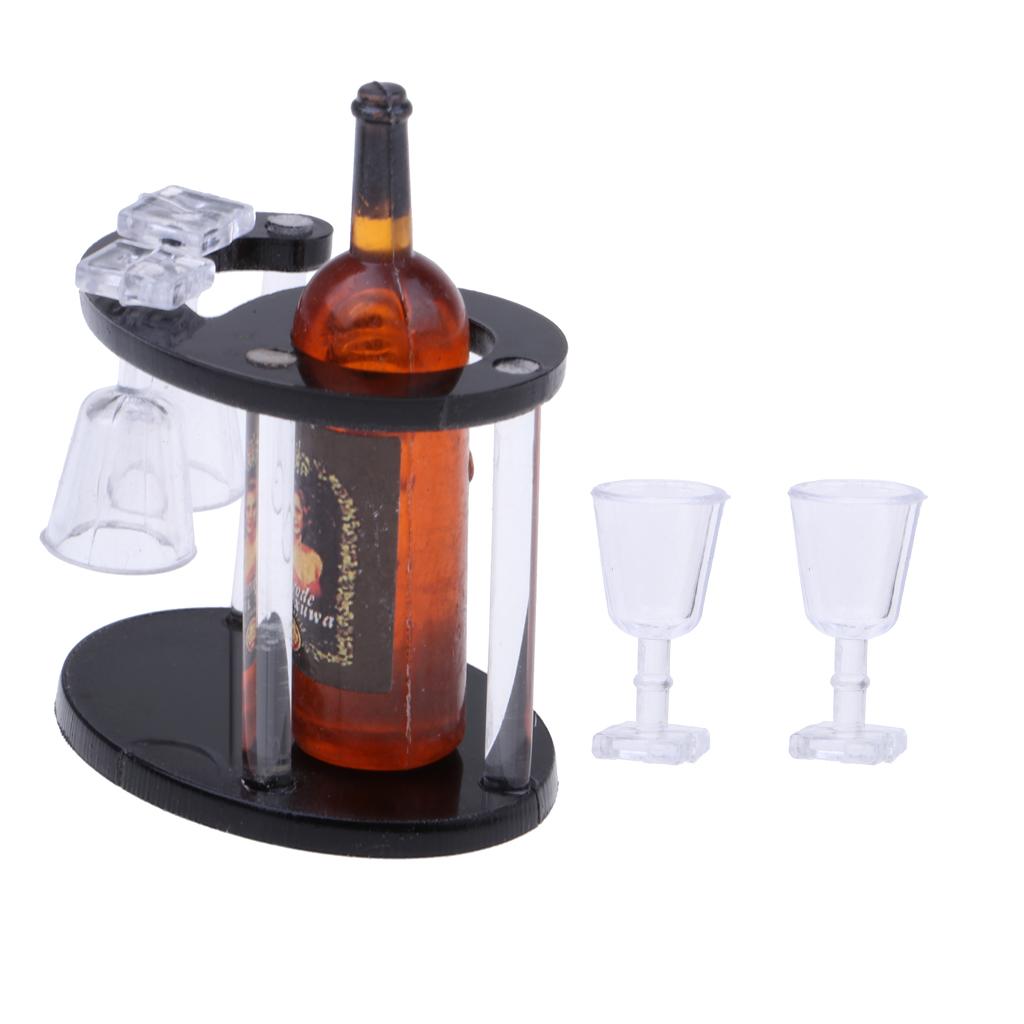 1/12 Dollhouse Miniature Champagne Bottle Wine Rack Four Glass Cups Red