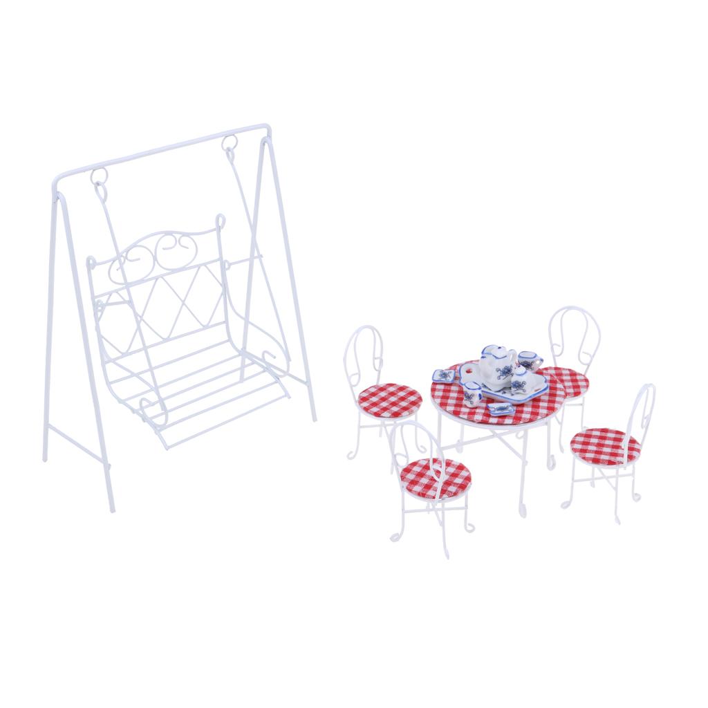 1/12 Dollhouse Miniature Garden Decor Table Chair Tea Set Swing Seat White
