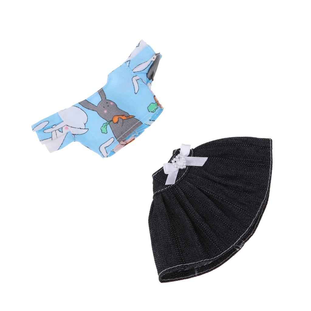 Doll Outfit  Rabbit Tops & Denim Jean Dress Skirt for Barbie Doll Accs Blue