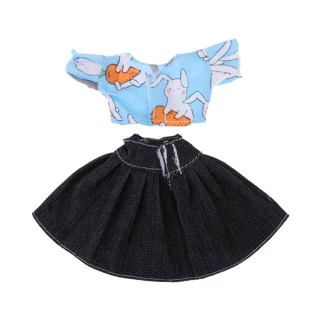 Doll Outfit  Rabbit Tops & Denim Jean Dress Skirt for Barbie Doll Accs Blue