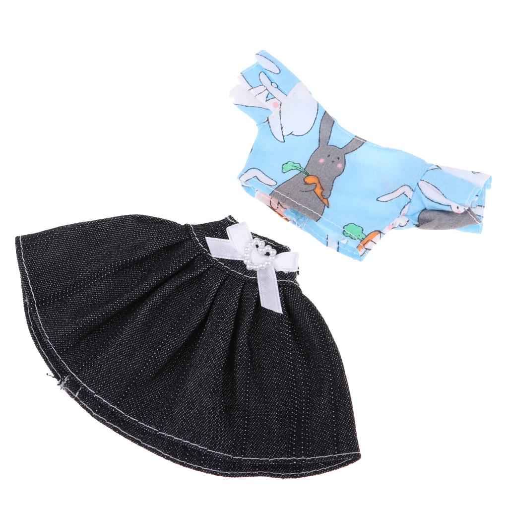 Doll Outfit  Rabbit Tops & Denim Jean Dress Skirt for Barbie Doll Accs Blue
