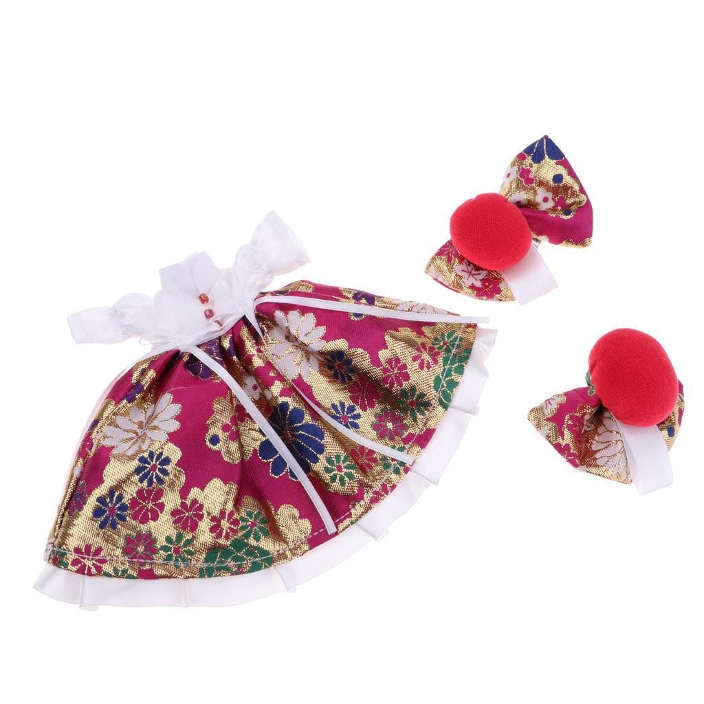 Cute Flower Printed Skirt & Decorative Clips for Blythe Doll Dress Rose Red