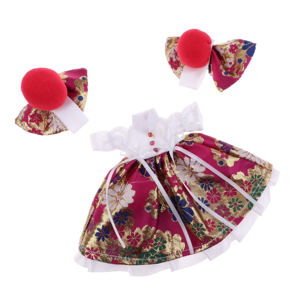Cute Flower Printed Skirt & Decorative Clips for Blythe Doll Dress Rose Red