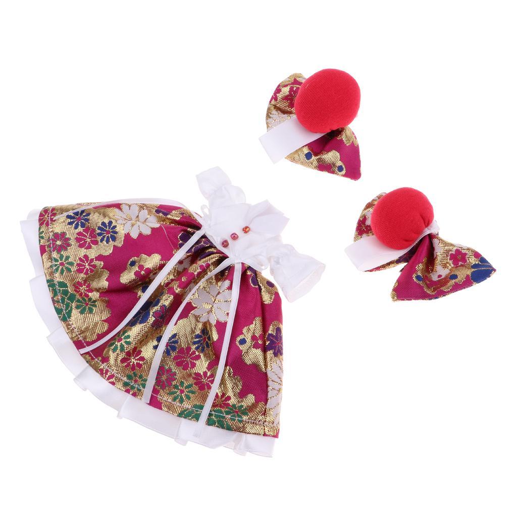 Cute Flower Printed Skirt & Decorative Clips for Blythe Doll Dress Rose Red