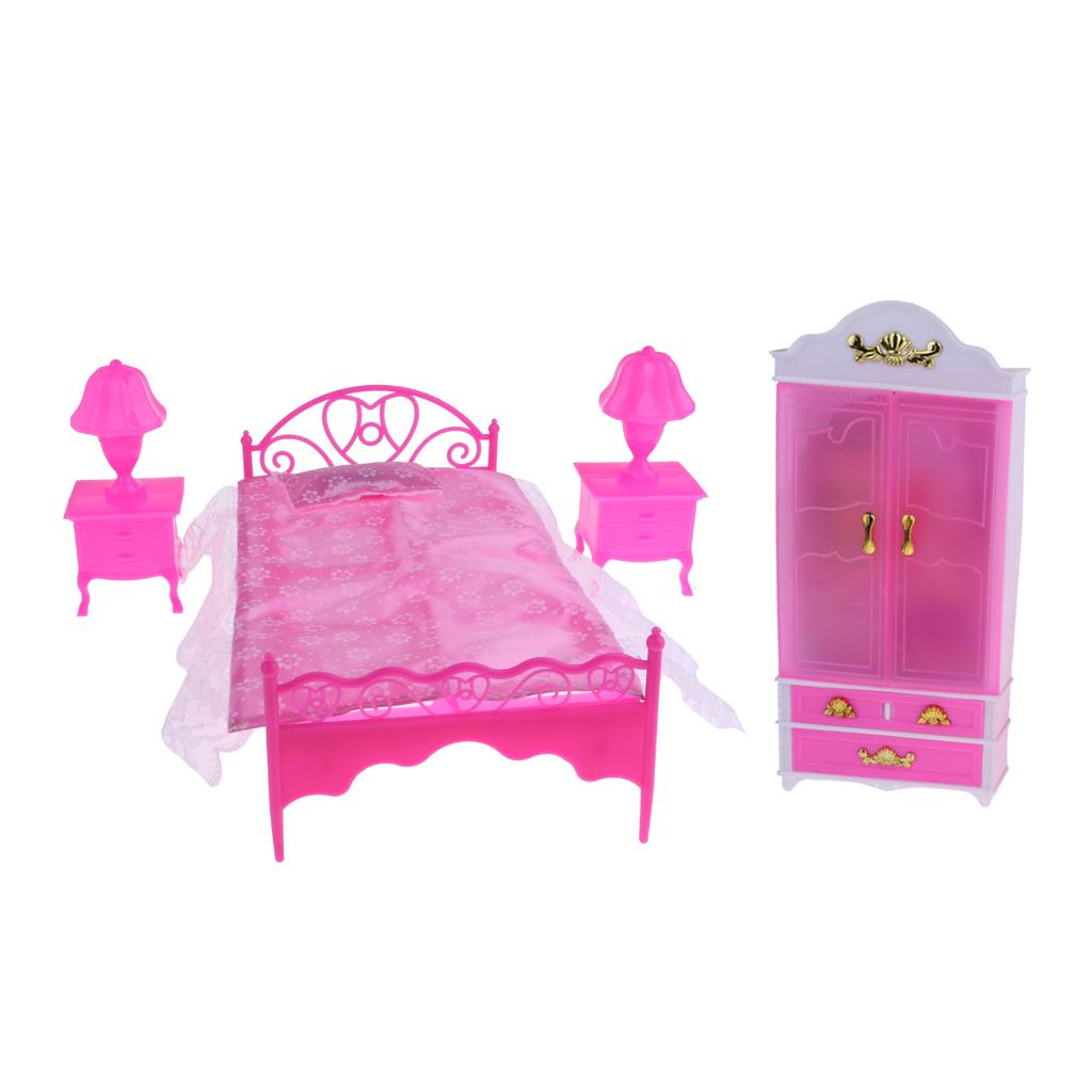6Pcs Dollhouse Miniature Bedroom Furniture Bed Cabinet Wardrobe Table Lamp