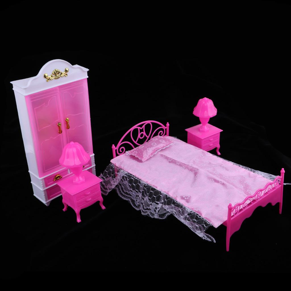 6Pcs Dollhouse Miniature Bedroom Furniture Bed Cabinet Wardrobe Table Lamp