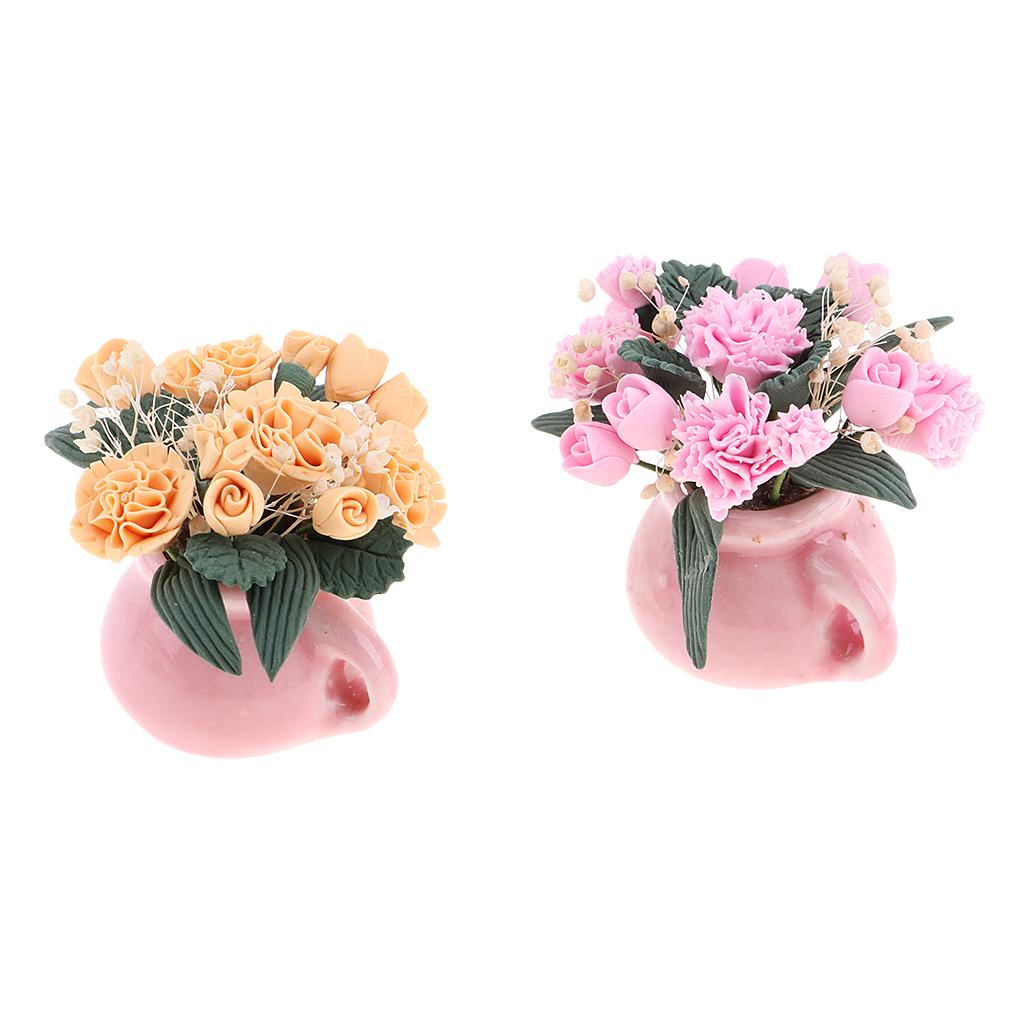 2pcs Dollhouse Mini Carnation Potted Plant Oranment Fairy Garden DIY Accs