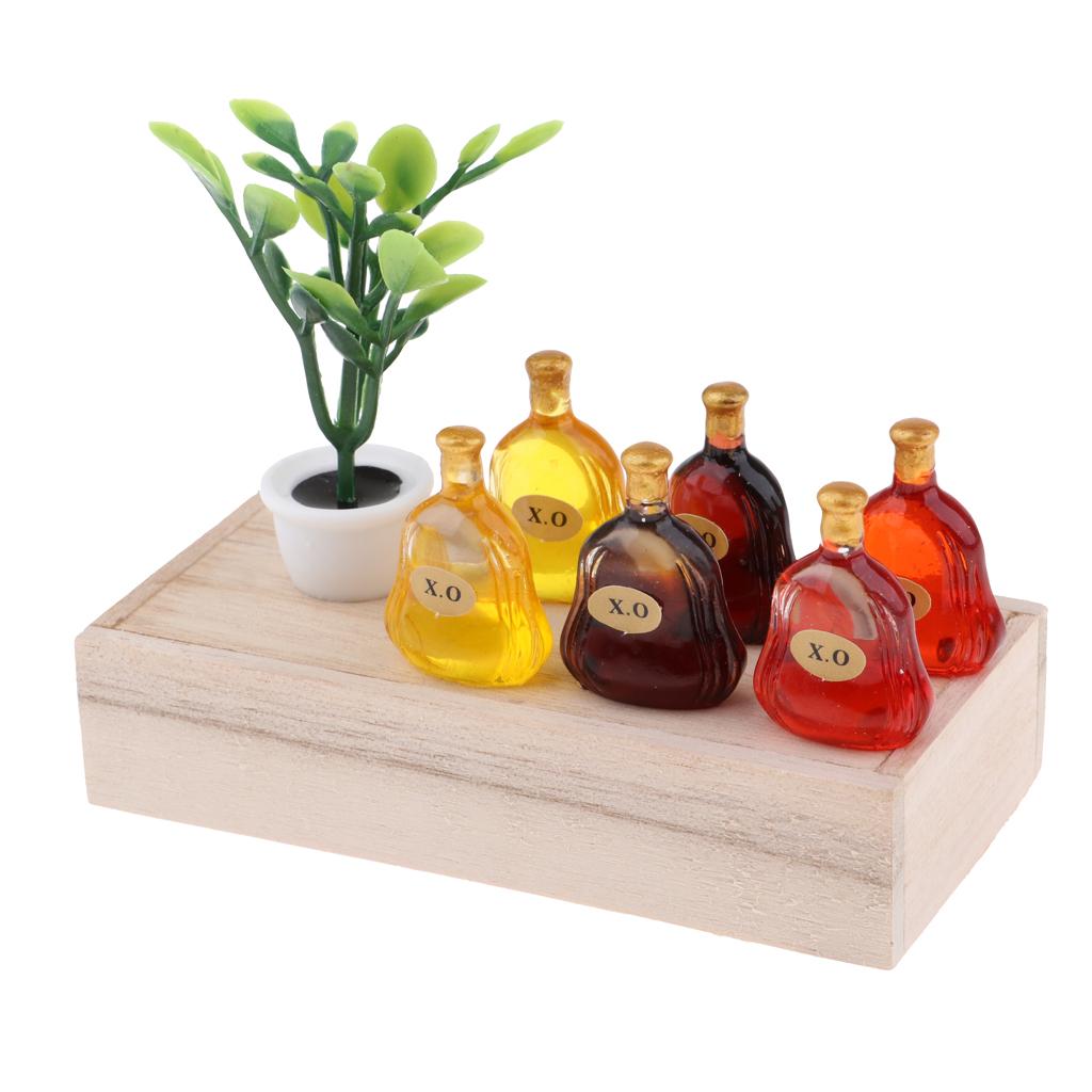 1/12 Dollhouse Mini Wooden Box Green Plant X.O Wine Bottle Scene Model Decor