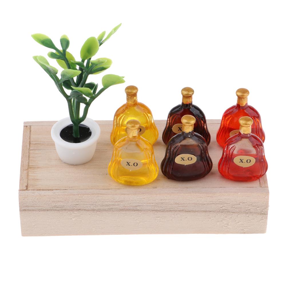 1/12 Dollhouse Mini Wooden Box Green Plant X.O Wine Bottle Scene Model Decor