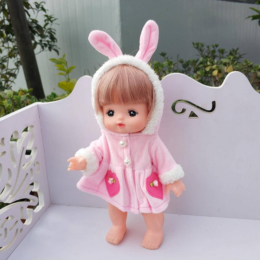 Plush Rabbit Ears Hat Overcoat for Mellchan Baby Doll Clothes Accessory Pink