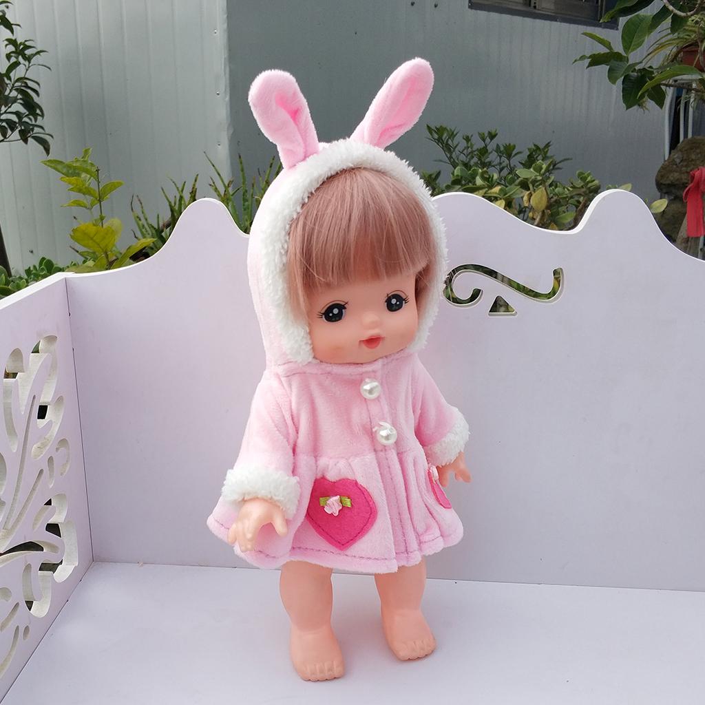 Plush Rabbit Ears Hat Overcoat for Mellchan Baby Doll Clothes Accessory Pink