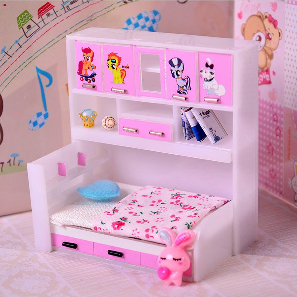 1/12 Dollhouse Miniature Furniture Bed with Cabinet Bedroom Accessory Pink