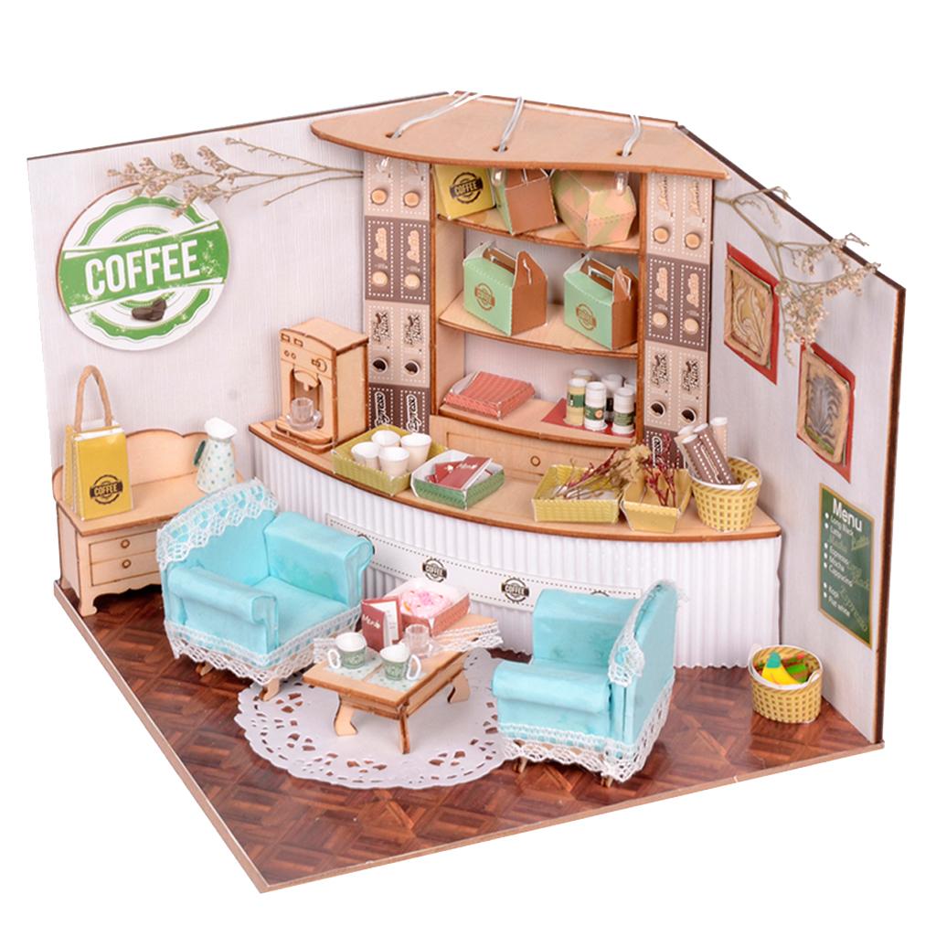 1/24 DIY Dollhouse Miniature Kit with Furniture, Light Coffee Shop Kids Gift