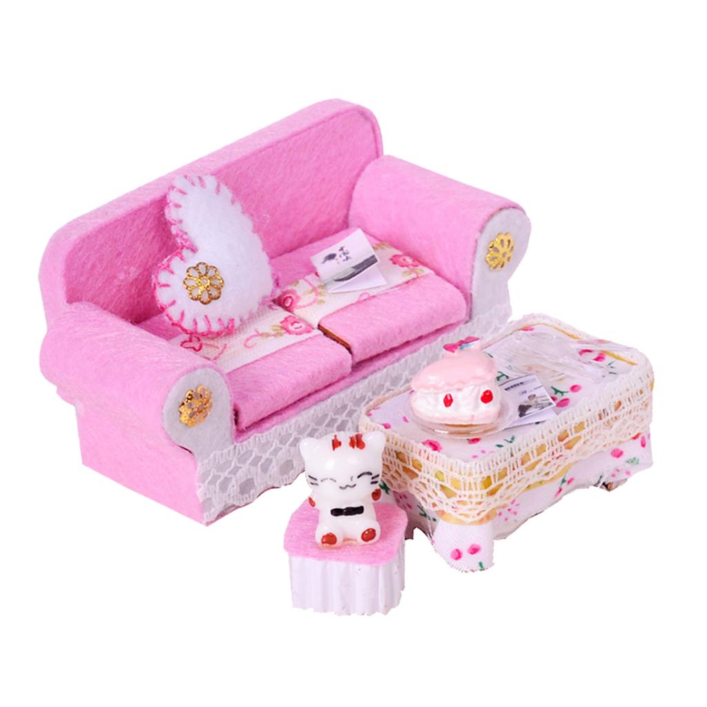 1:24 Miniature Sofa End Table Set Dollhouse Living Room Furniture Accs Pink