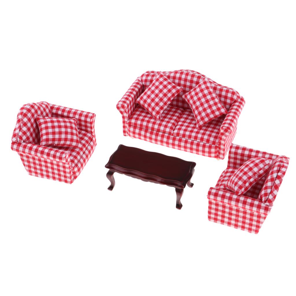 1/12 Dollhouse Furniture Miniature Wooden End Table & Sofa Set Model Decor