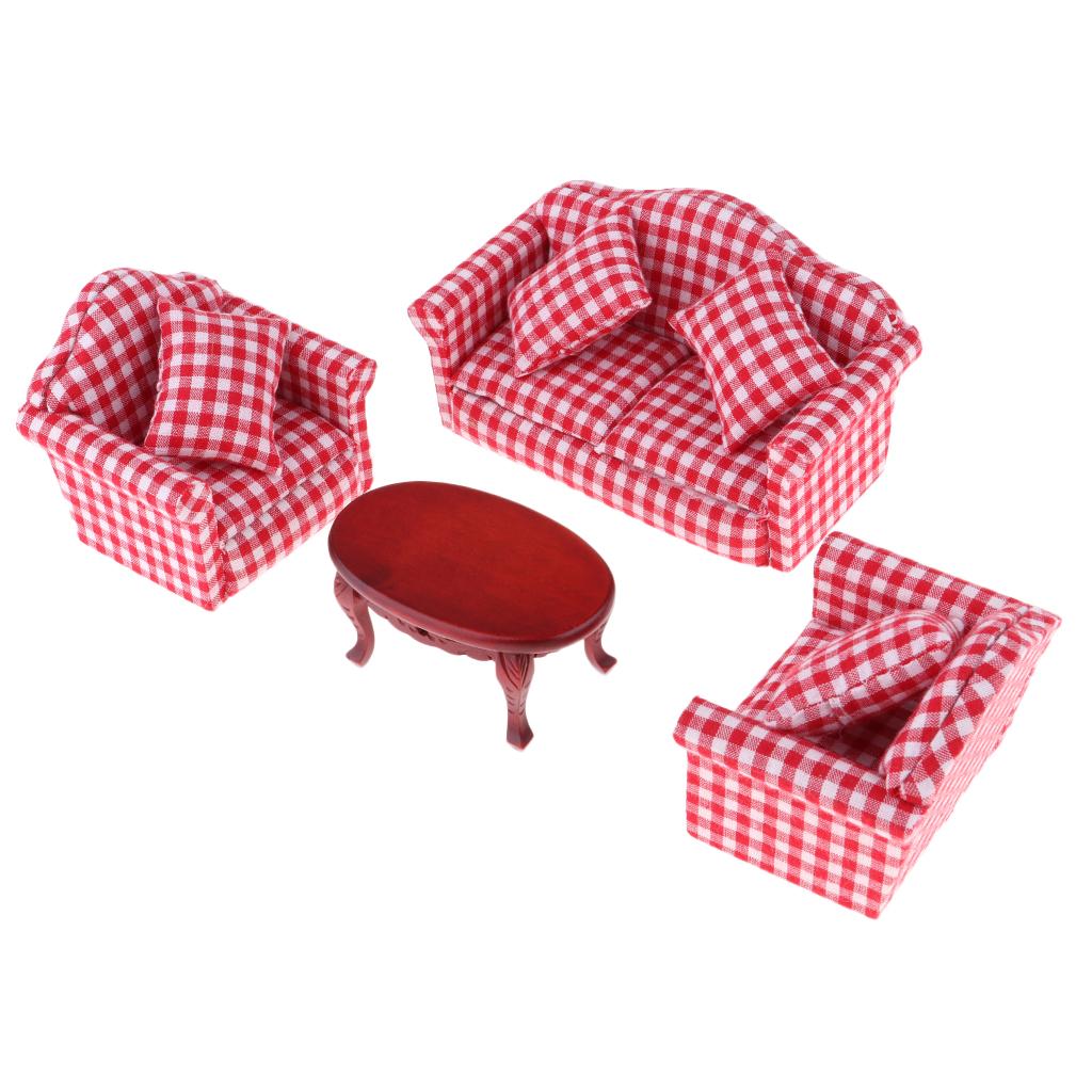 Miniature Wooden End Table & Sofa Set Model Toy For 1/12 Dollhouse Furniture