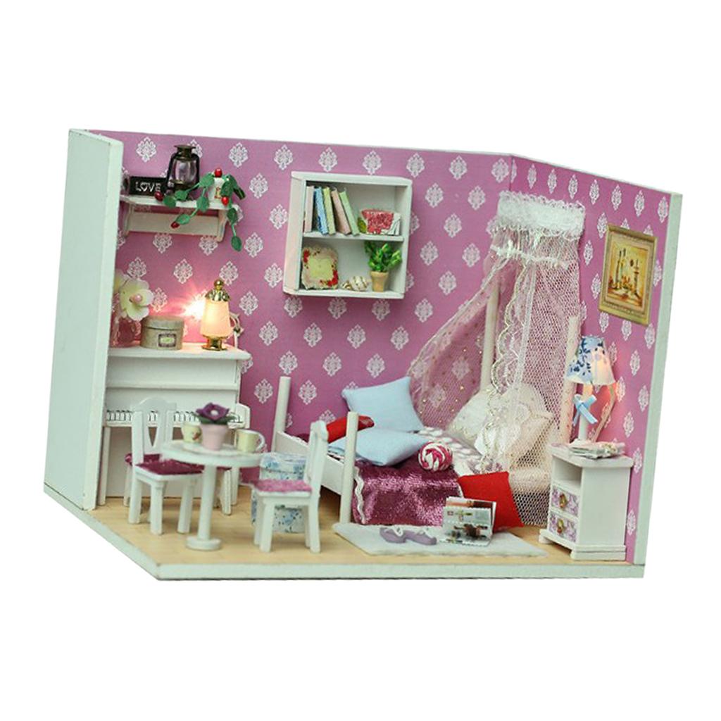 DIY Dollhouse Miniature Kit with Furniture LED Light Queen Bedroom Kids Gift