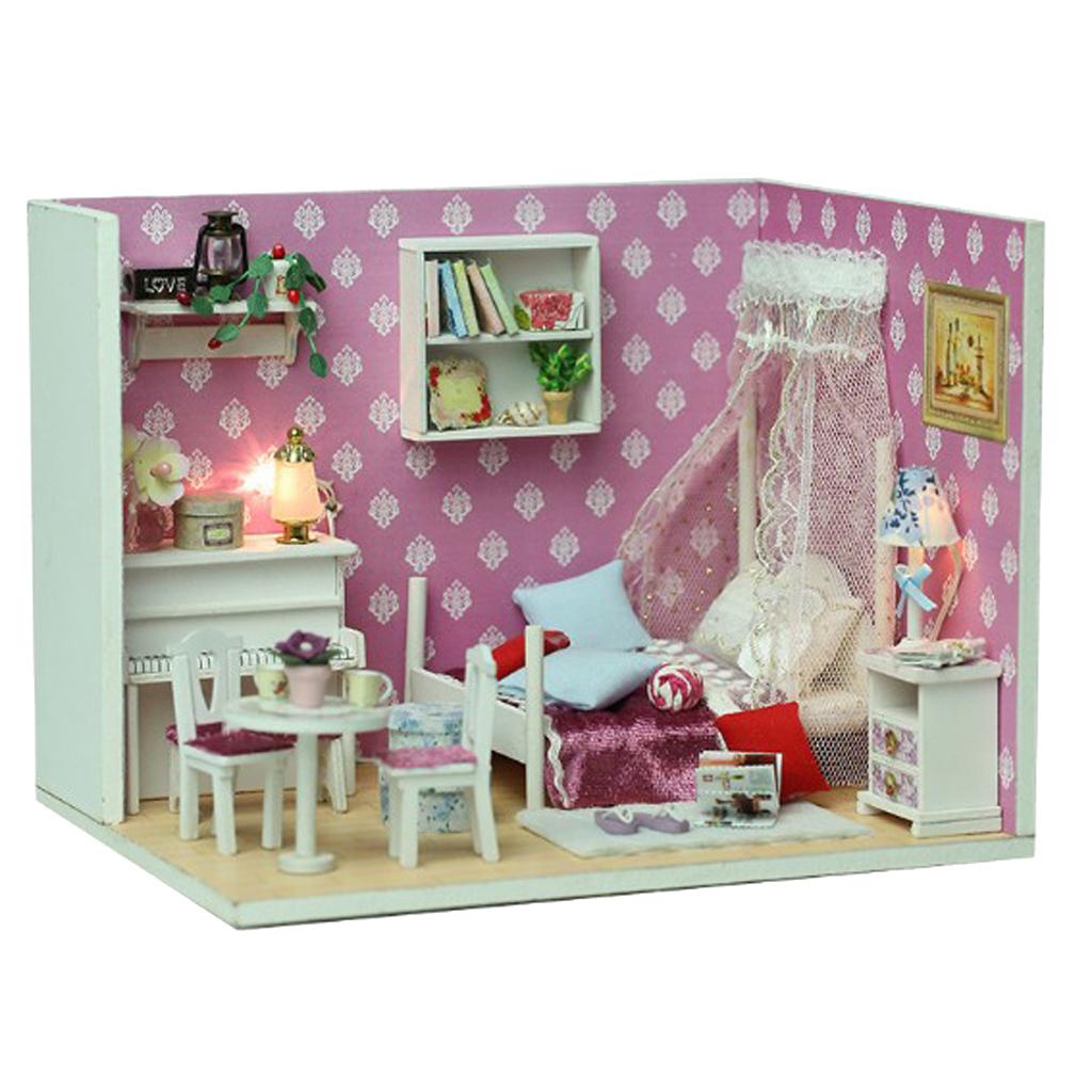 DIY Dollhouse Miniature Kit with Furniture LED Light Queen Bedroom Kids Gift