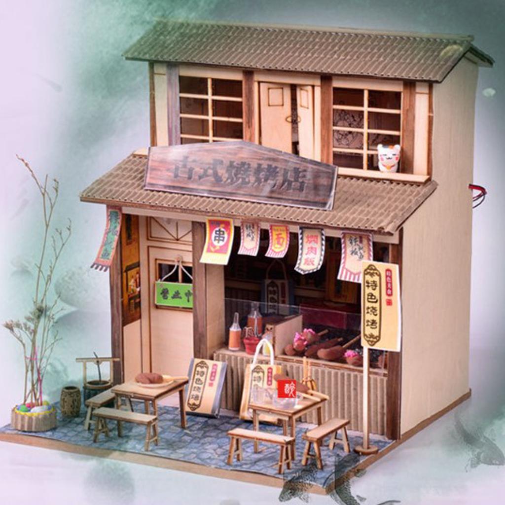 1/24 DIY Dollhouse Miniature Kit with Furniture, Light BBQ Restaurant Gift