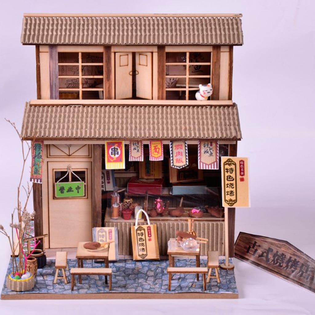 1/24 DIY Dollhouse Miniature Kit with Furniture, Light BBQ Restaurant Gift