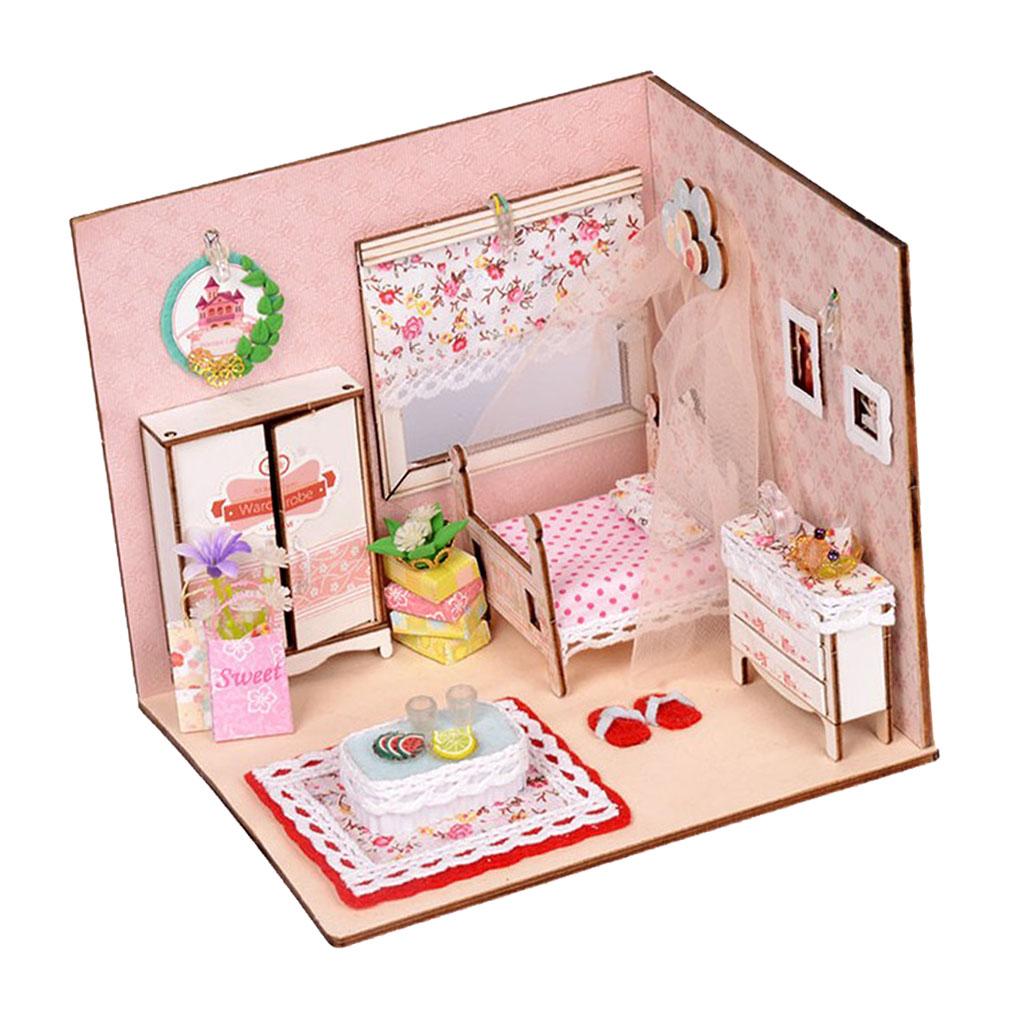1:24 Scale Dollhouse Miniature Kit 3D Doll House Girl Bedroom With LED Light