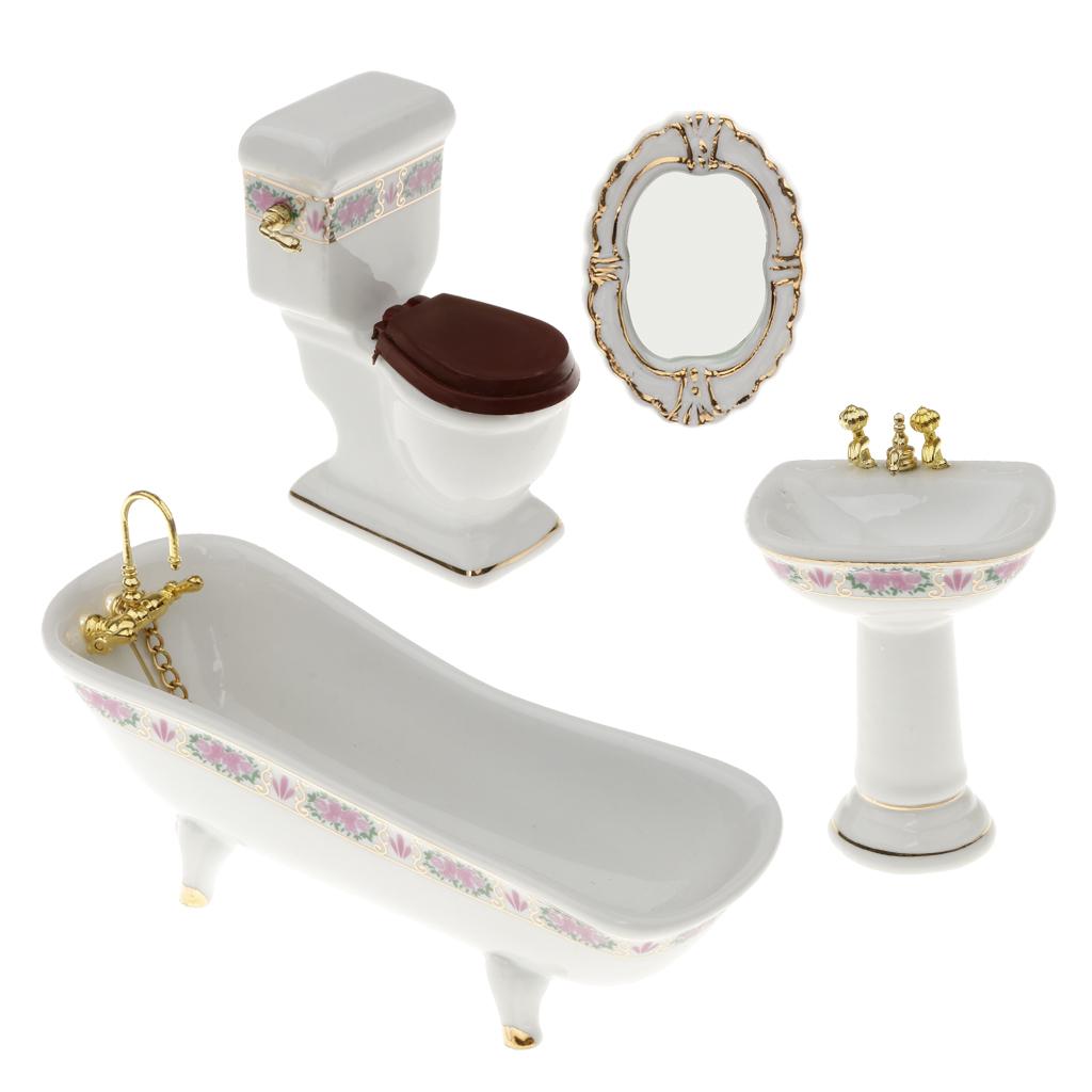 4Pcs White Porcelain Bathroom Model Set 1/12 Dollhouse Miniature Funiture #2