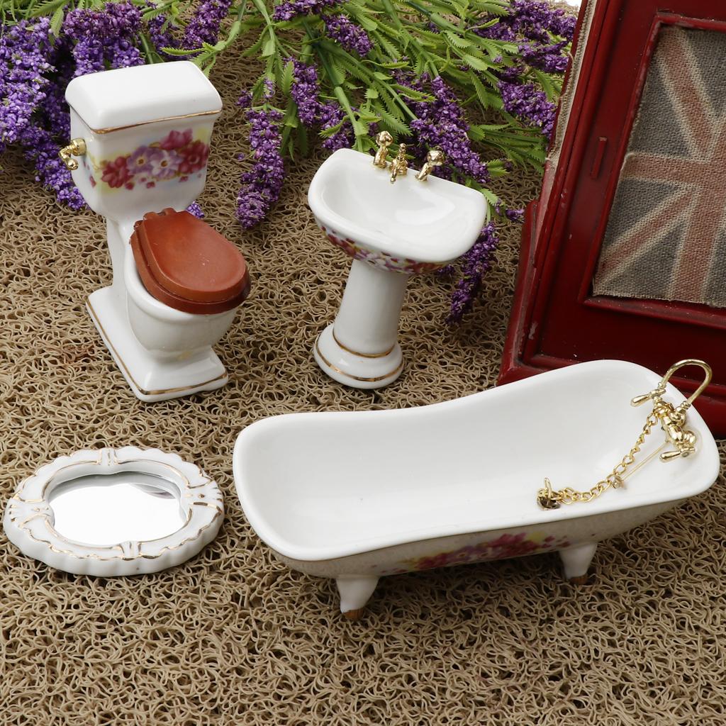 1/12 Dollhouse Miniature Furniture Accessories Bathtub Toilet Basin Kit 4pcs
