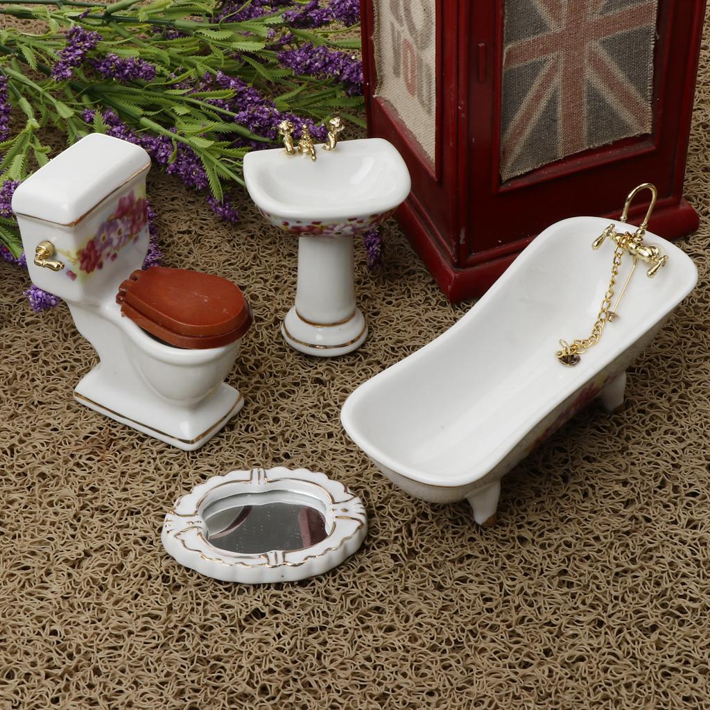 1/12 Dollhouse Miniature Furniture Accessories Bathtub Toilet Basin Kit 4pcs