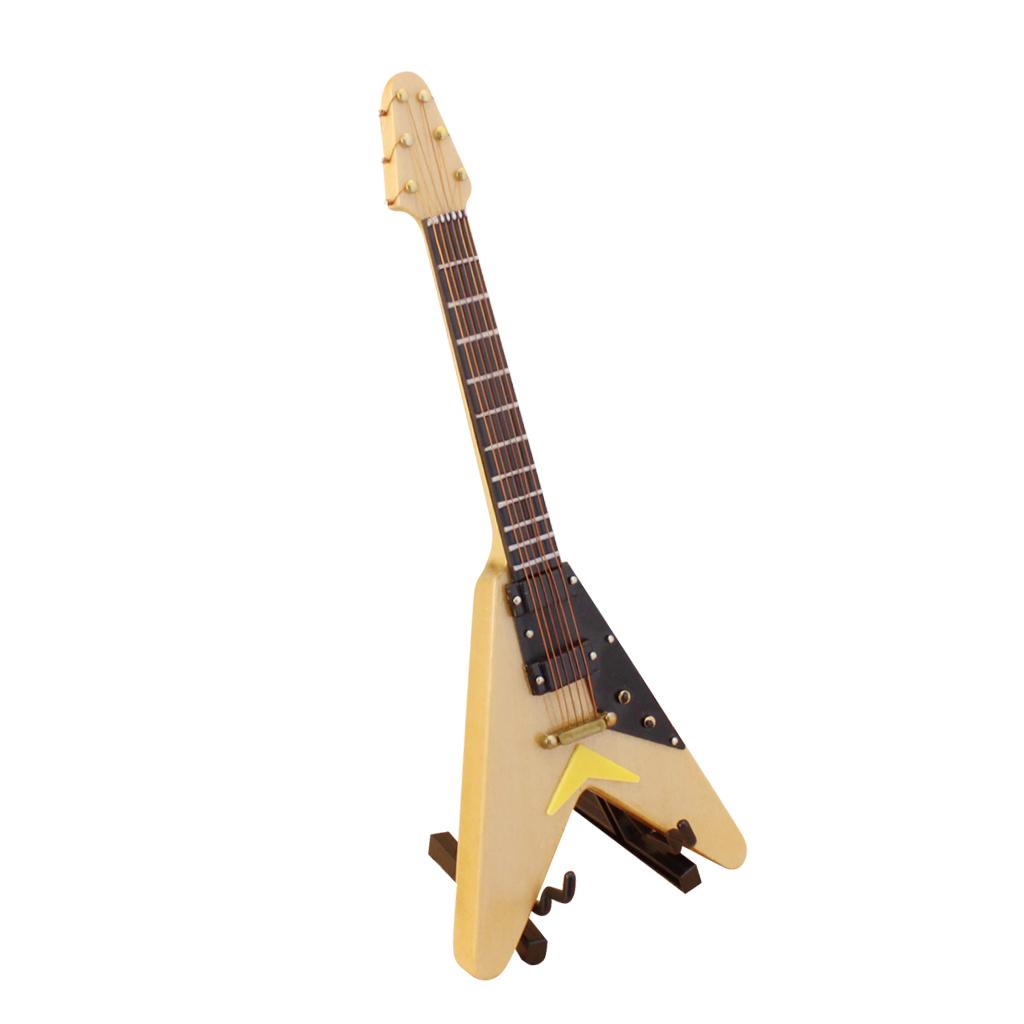 1/6 V-Shape Wooden Mini Guitar Musical Instruments Model with Stand Yellow