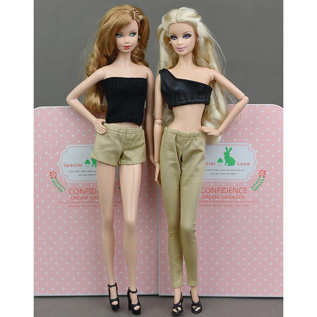 2pcs Fashion Long Trouser Short Pants Suit for 1/6 BJD Girl Dolls Khaki