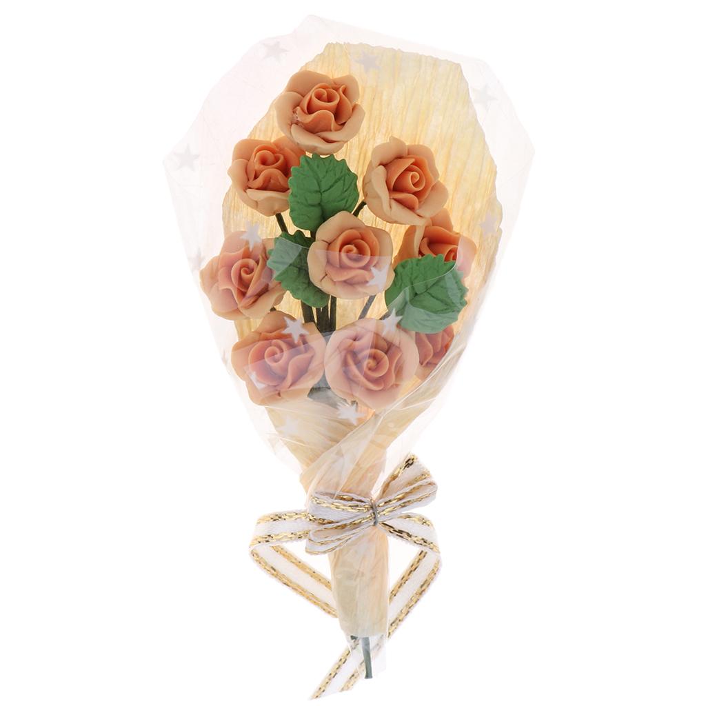 1/12 Dollhouse Miniature Clay Champagne Rose Flowers Bouquet Ornaments
