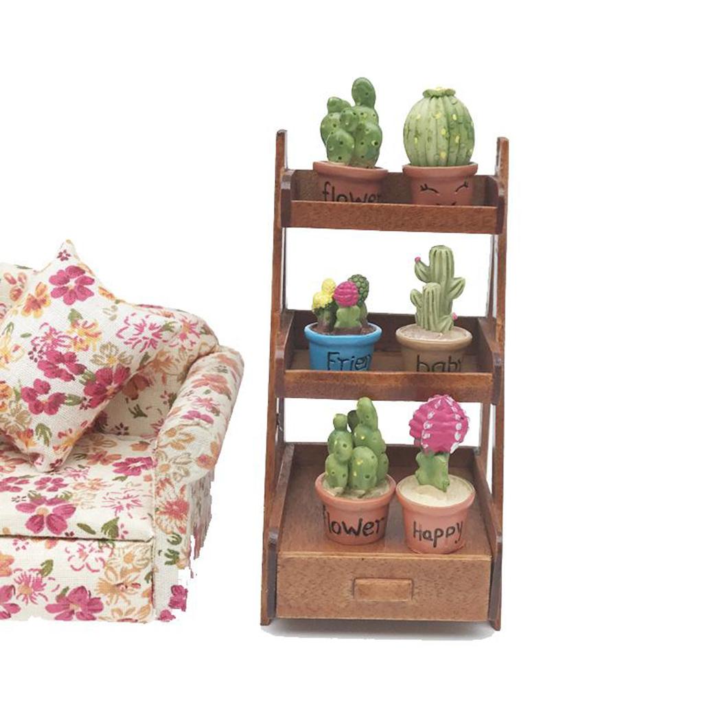 1/12 Dollhouse Mini 3 Layer Flower Rack Plant Ladder Shelf & Potted Plants