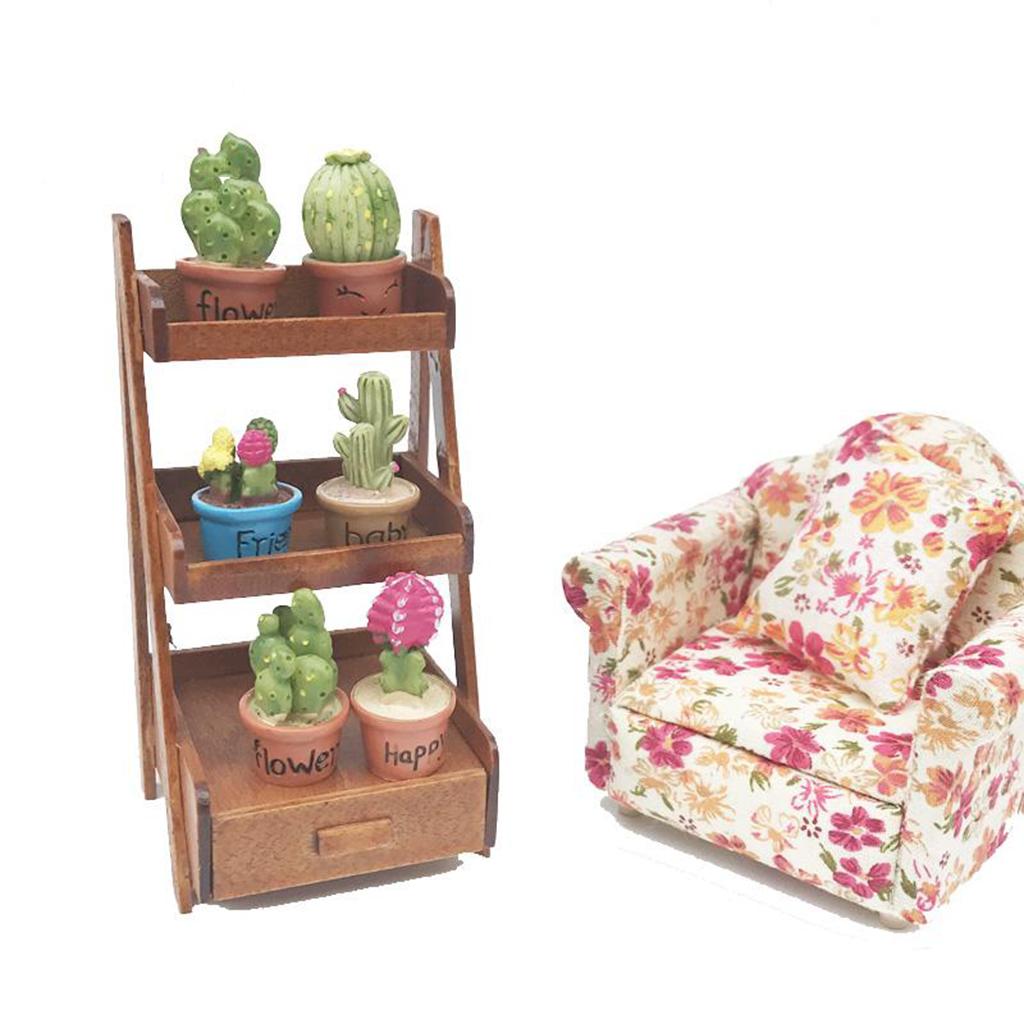 1/12 Dollhouse Mini 3 Layer Flower Rack Plant Ladder Shelf & Potted Plants