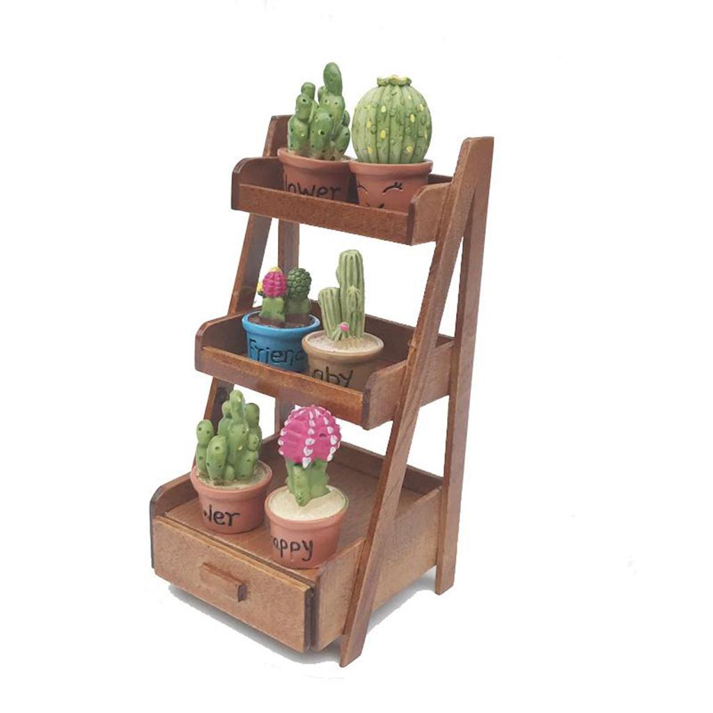 1/12 Dollhouse Mini 3 Layer Flower Rack Plant Ladder Shelf & Potted Plants