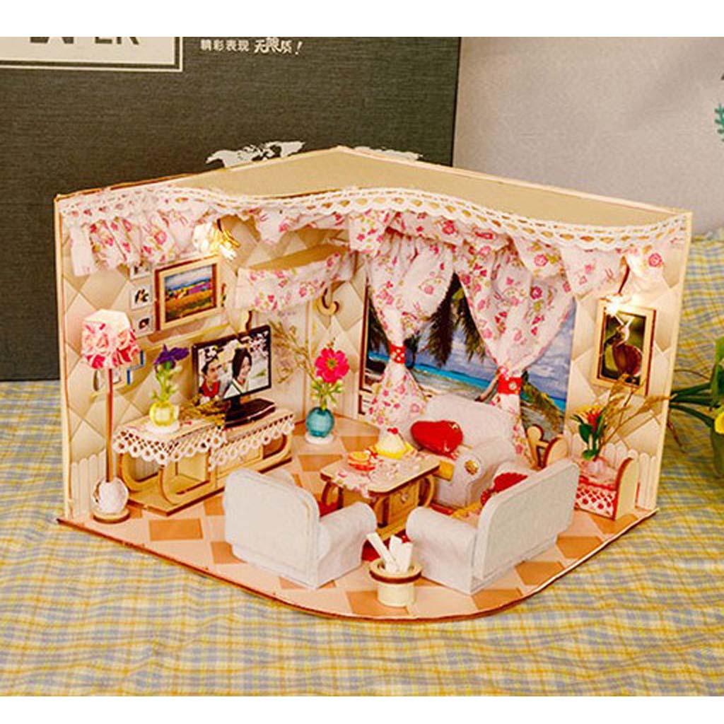 DIY Dolls House Kit Wooden Miniature with Furniture LED Lights Romance House