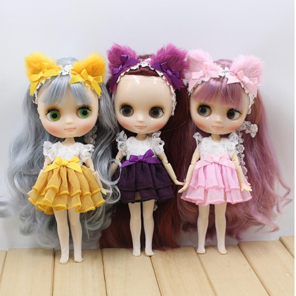 Lovely Cat Ears Dress Leggings Hairband Suit for Middle Blythe Doll Yellow
