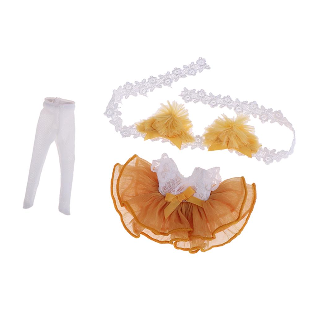 Lovely Cat Ears Dress Leggings Hairband Suit for Middle Blythe Doll Yellow
