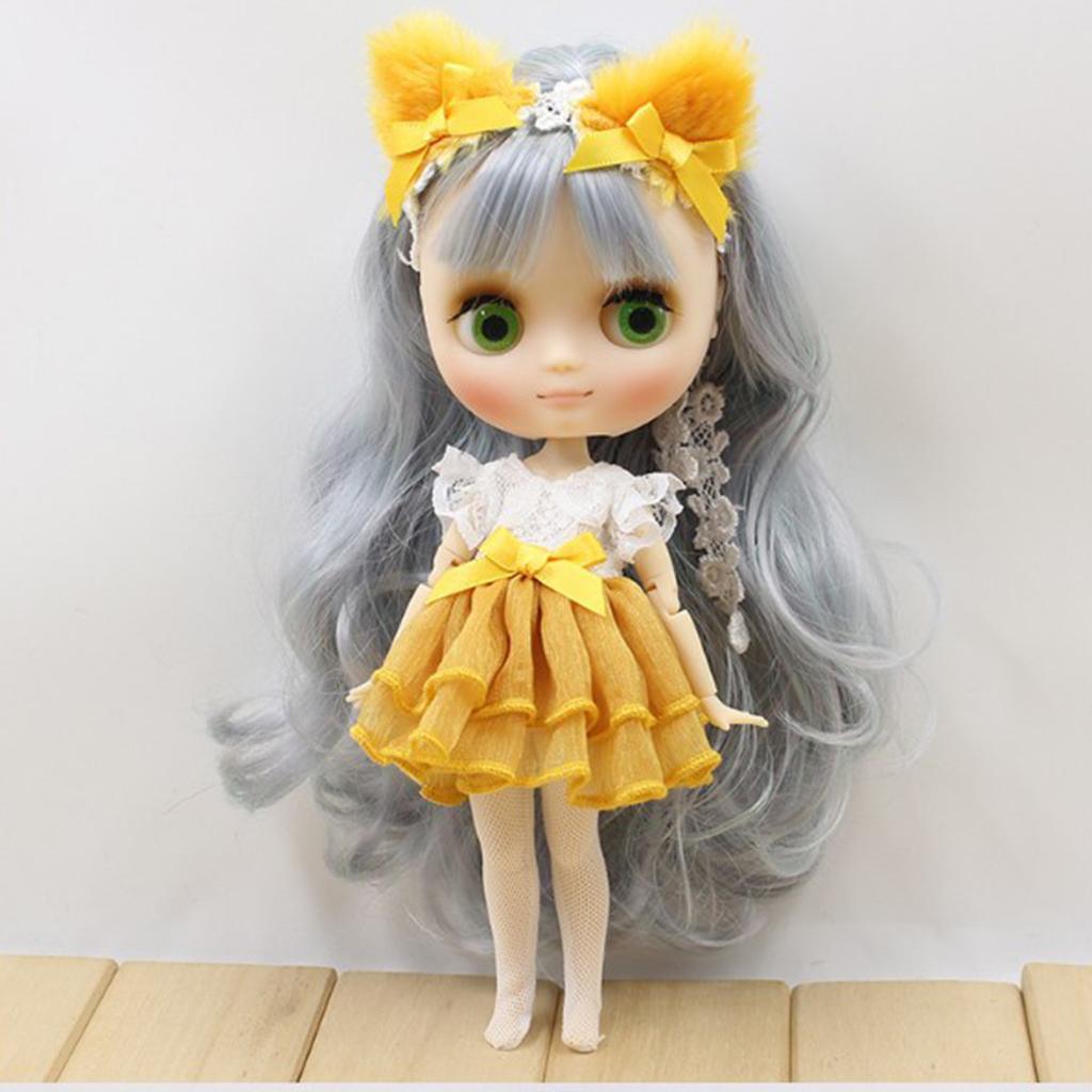 Lovely Cat Ears Dress Leggings Hairband Suit for Middle Blythe Doll Yellow