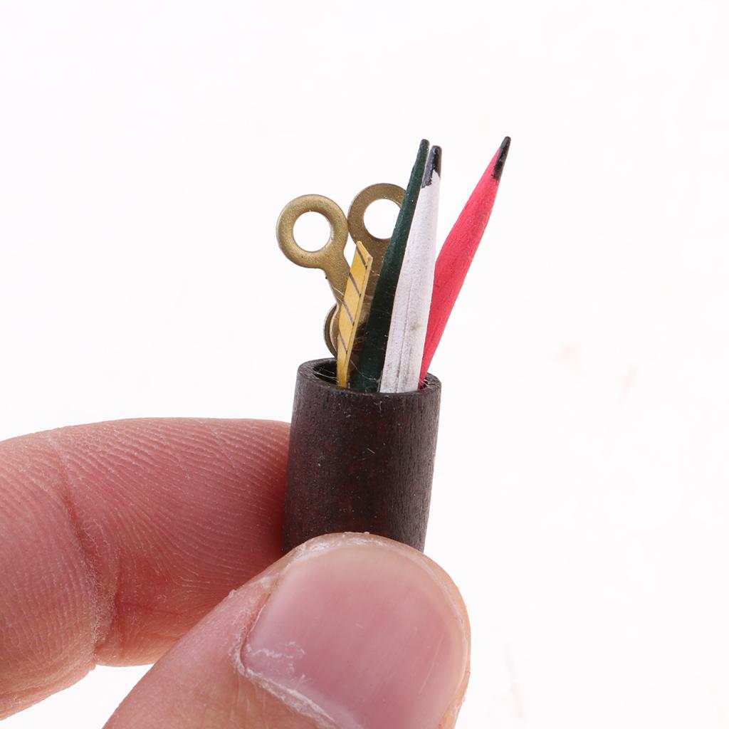1:12 Dollhouse Mini Pen Cup Holder with Pencil Ruler Scissor School Supplies