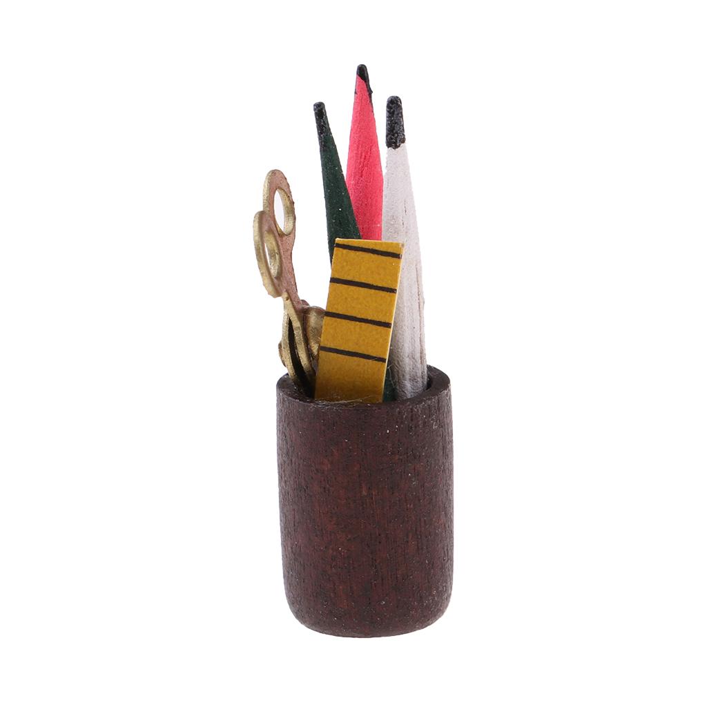 1:12 Dollhouse Mini Pen Cup Holder with Pencil Ruler Scissor School Supplies