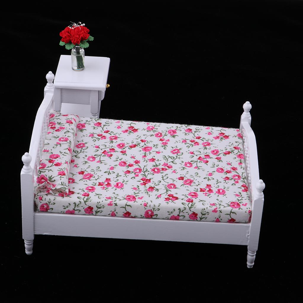 1:12 Dollhouse Miniature Wooden Floral Bed & Bedside Cabinet Furniture Decor