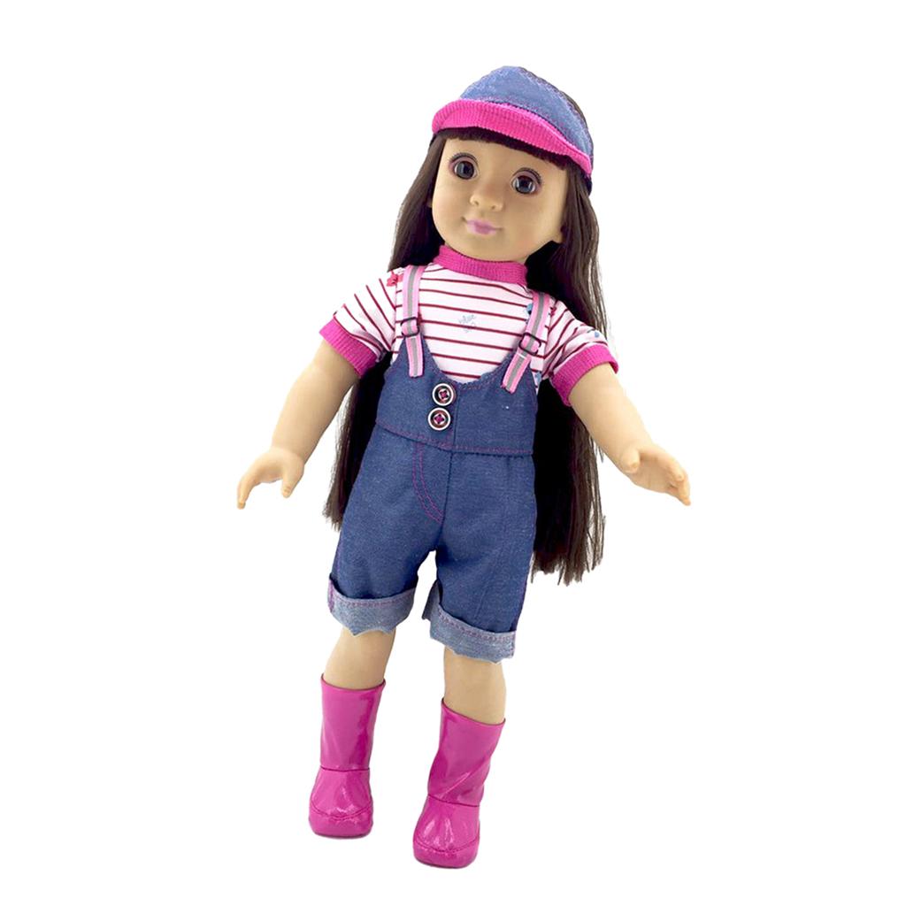 17'' Lifelike Girl Doll Vinyl Doll in Denim Suspender Pants Kids Gifts