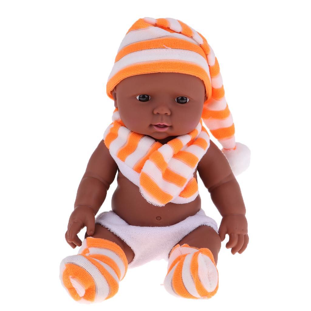 28cm Baby Doll Vinyl African Newborn Baby in Orange Striped Hat Scarf Socks