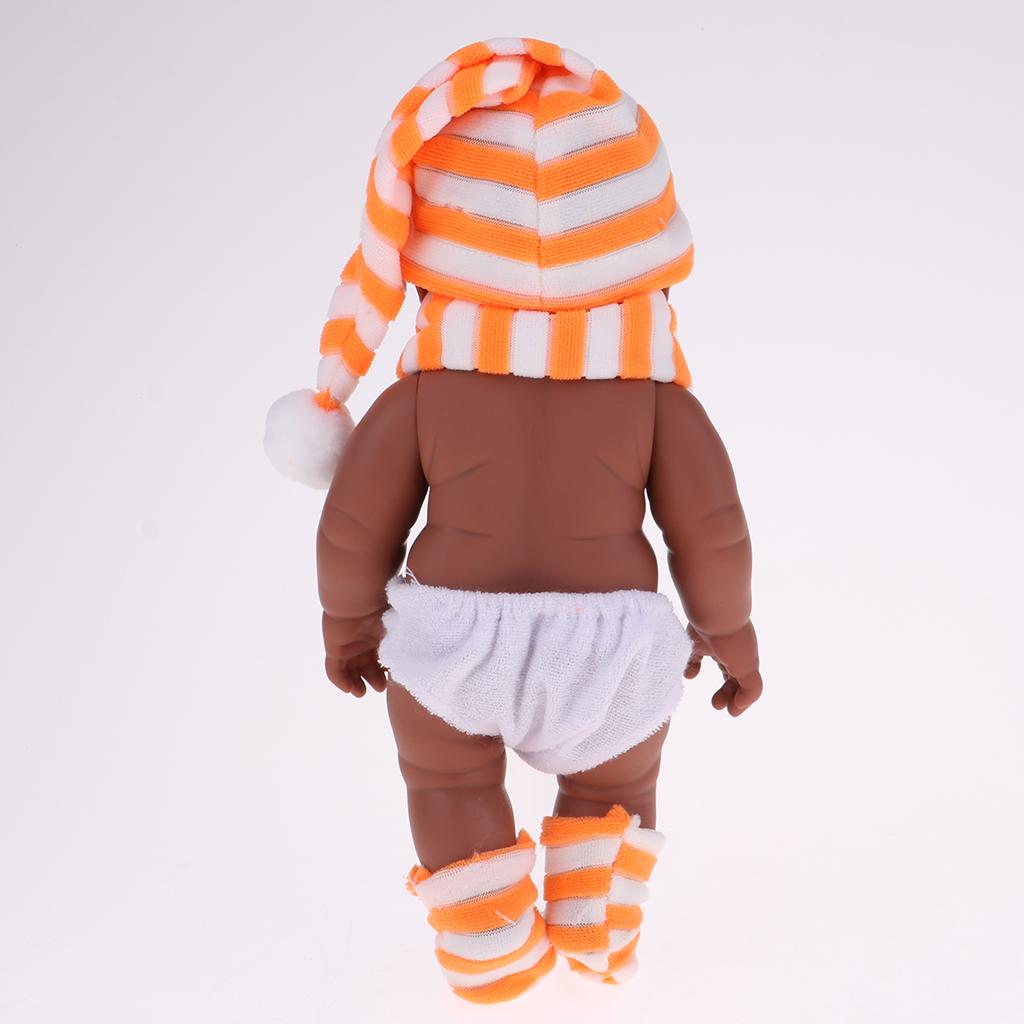 28cm Baby Doll Vinyl African Newborn Baby in Orange Striped Hat Scarf Socks