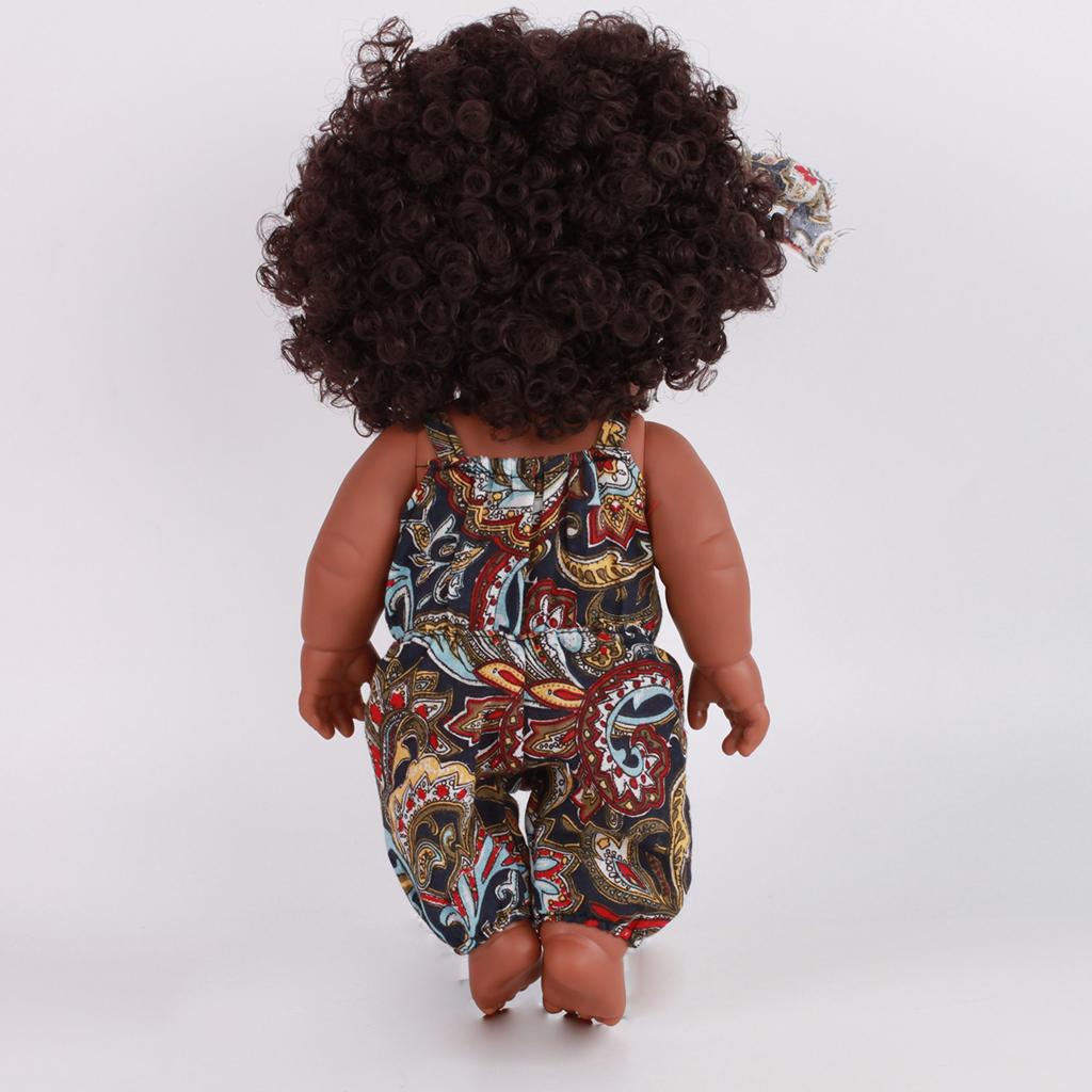 30cm Real Life Baby Boy Doll Vinyl African Newborn Infant Floral Overalls C