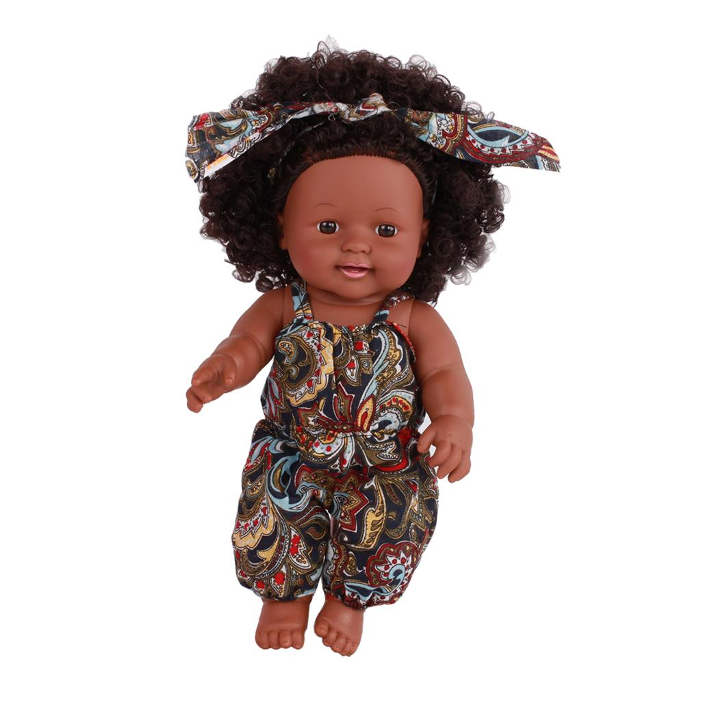 30cm Real Life Baby Boy Doll Vinyl African Newborn Infant Floral Overalls C