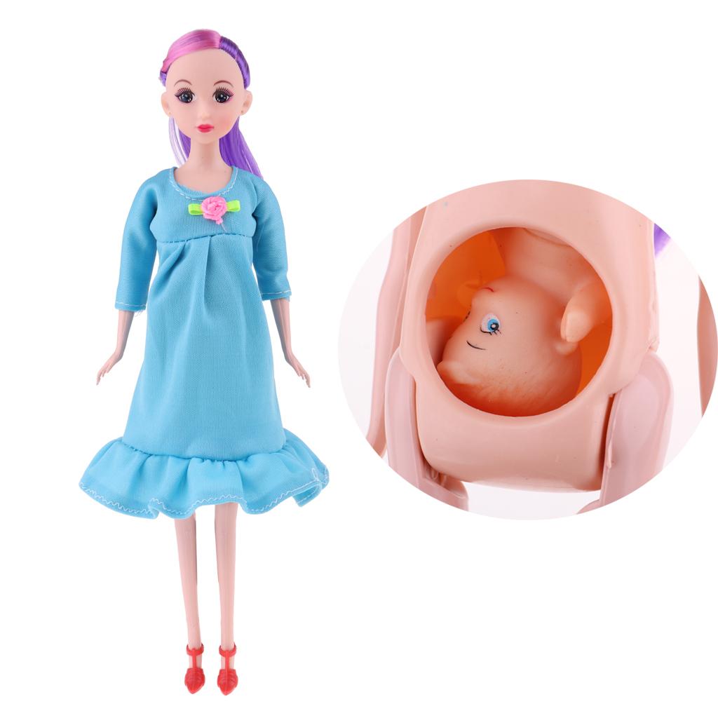 1/6 Scale Pregnant Mom Doll Baby In Her Tummy Kids Pretend Play Toy Blue